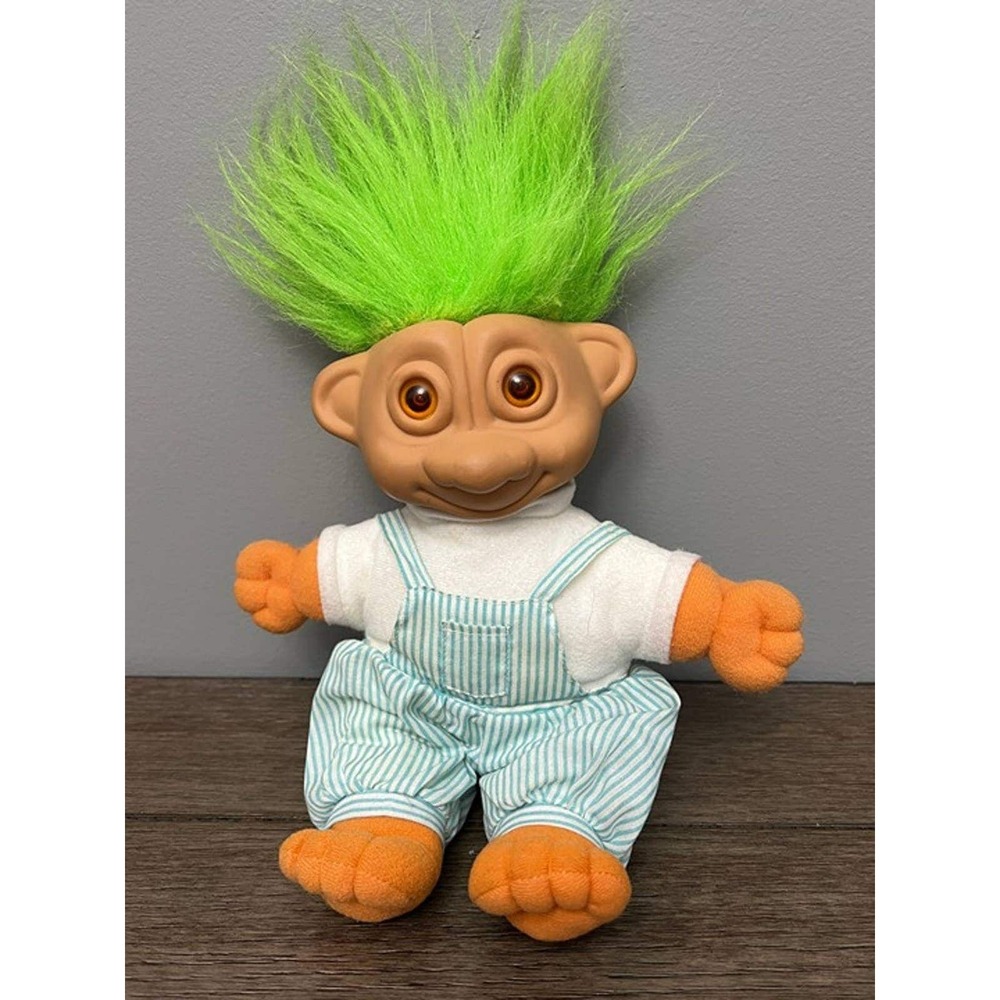 Vintage 1992 Soma Troll Plush Neon Green Hair Light Up Eyes Striped Overalls 90s